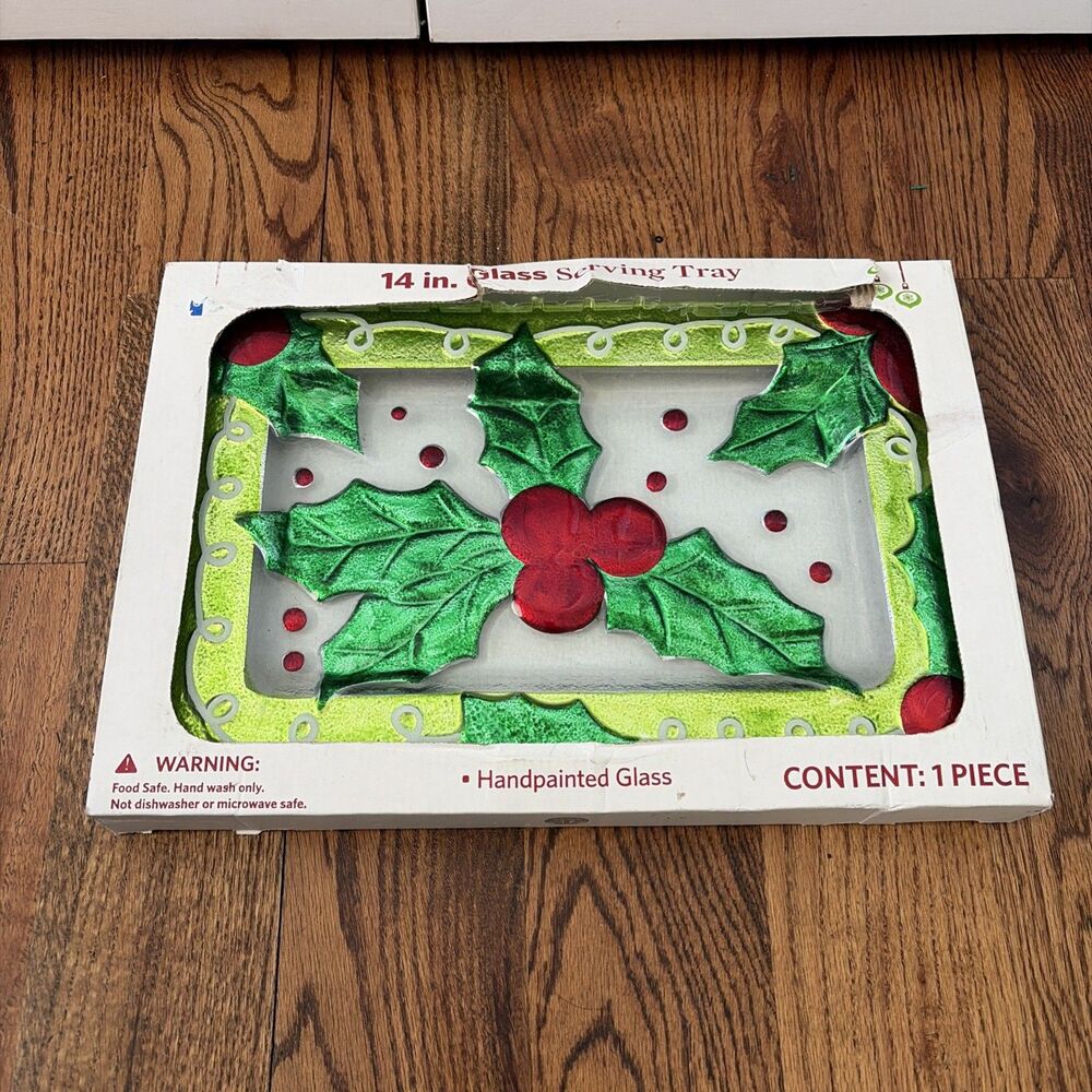 Christmas Holiday Holly and Berries Hand Painted 3D Glass 14" Serving Tray